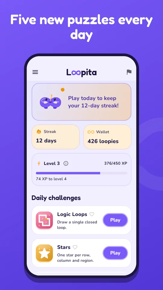 Loopita home screen with the streak, level and today's puzzles