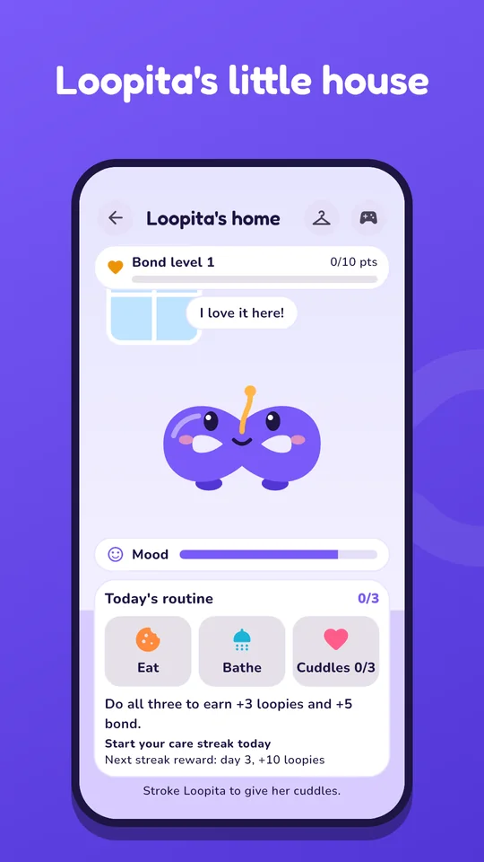 Loopita's little house, with the mascot and its care